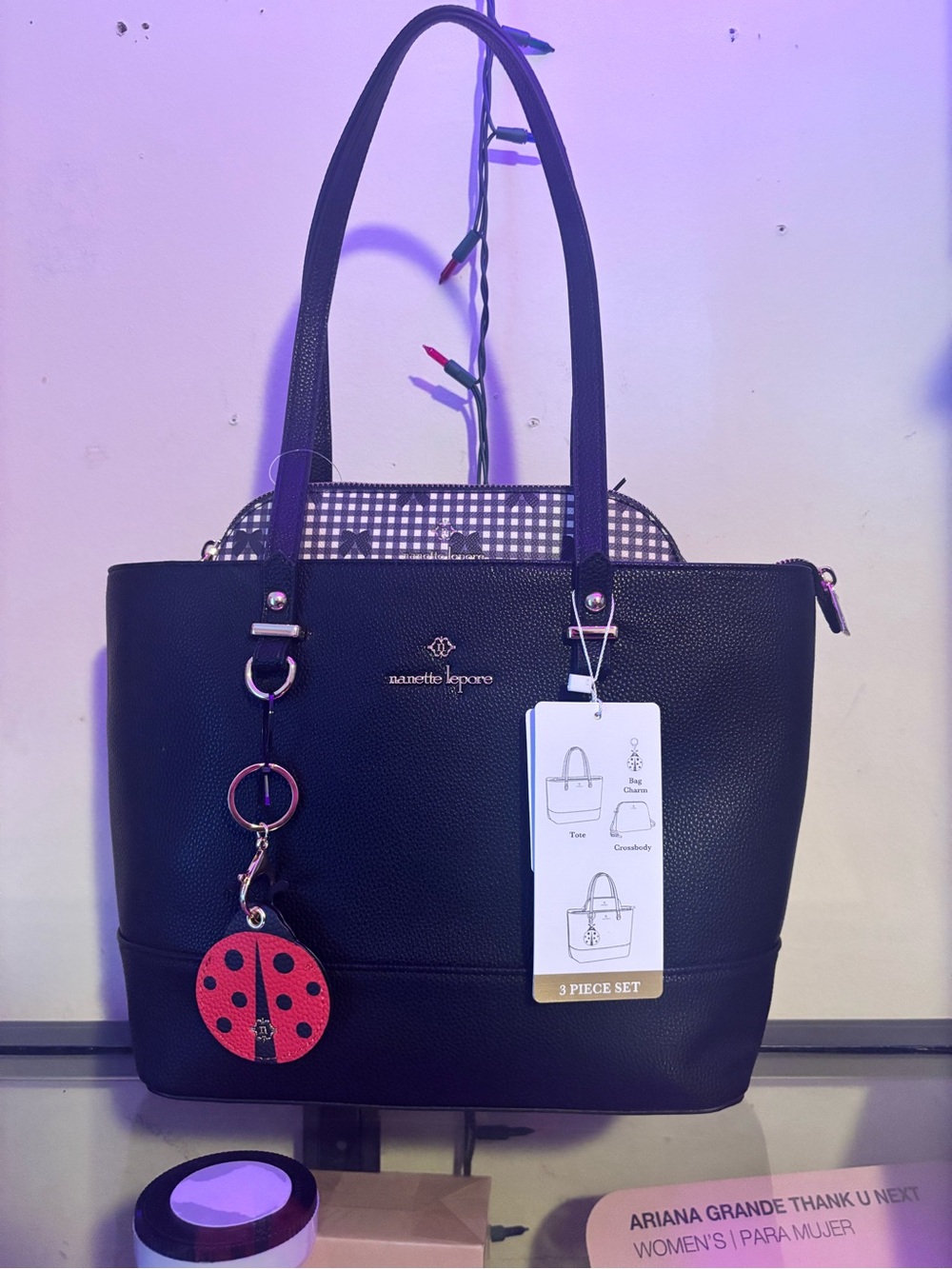 Nanette Lepore Black Leather Tote Bag with Ladybug Charm